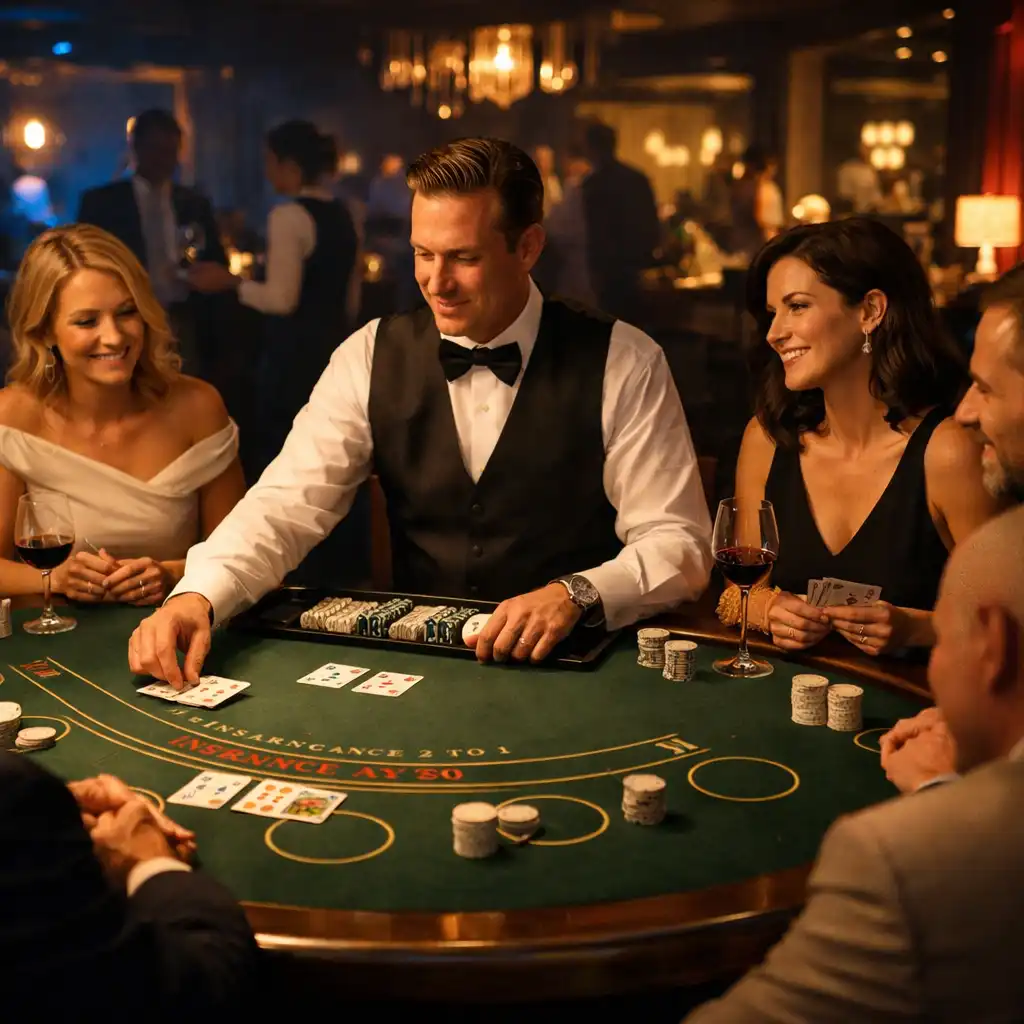 Elegancka Blackjack Zone podczas wieczornego wydarzenia z prowadzącym i gośćmi przy stole