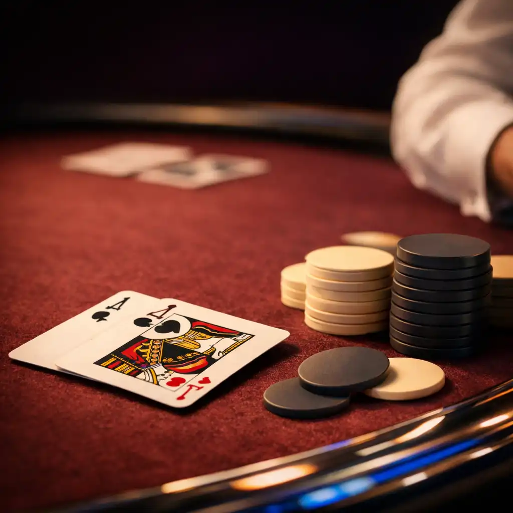 Zbliżenie burgundowego blatu blackjackowego z kartami, neutralnymi żetonami i chromowanym detalem