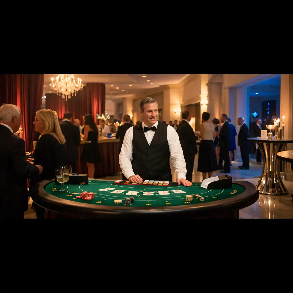 Przekształcona sala eventowa z Blackjack Zone, prowadzącym oraz gośćmi rozmawiającymi w sąsiedniej przestrzeni