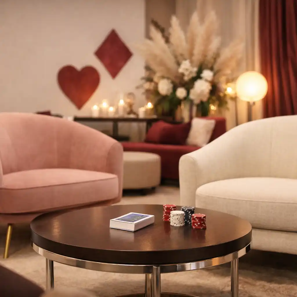 Spokojna strefa Card Lounge z fotelami, stolikiem i detalami kart
