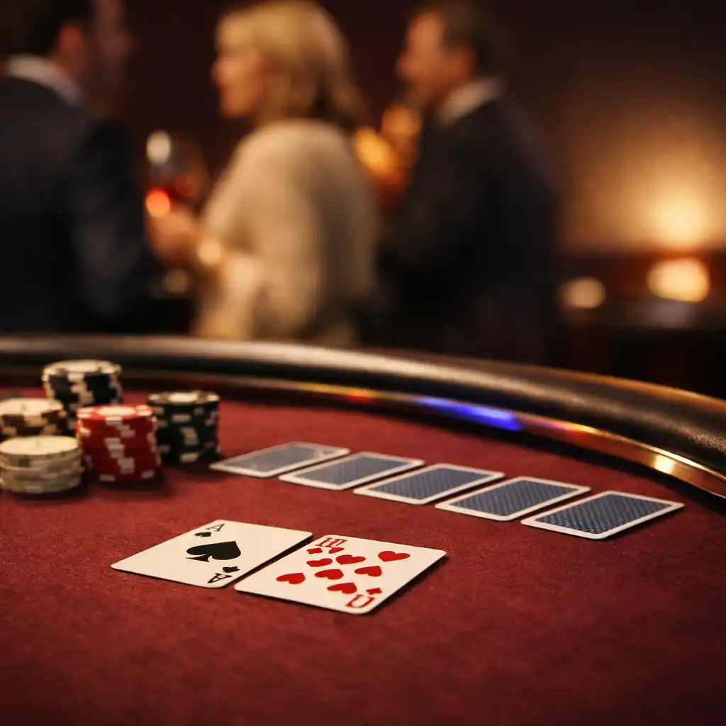 Detal burgundowego stołu pokerowego z kartami i żetonami
