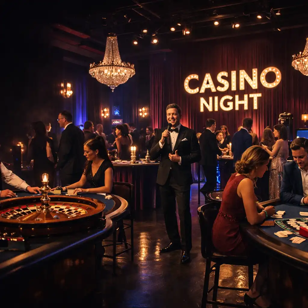 Nocna scenografia Casino Night z oświetlonymi stołami i gośćmi