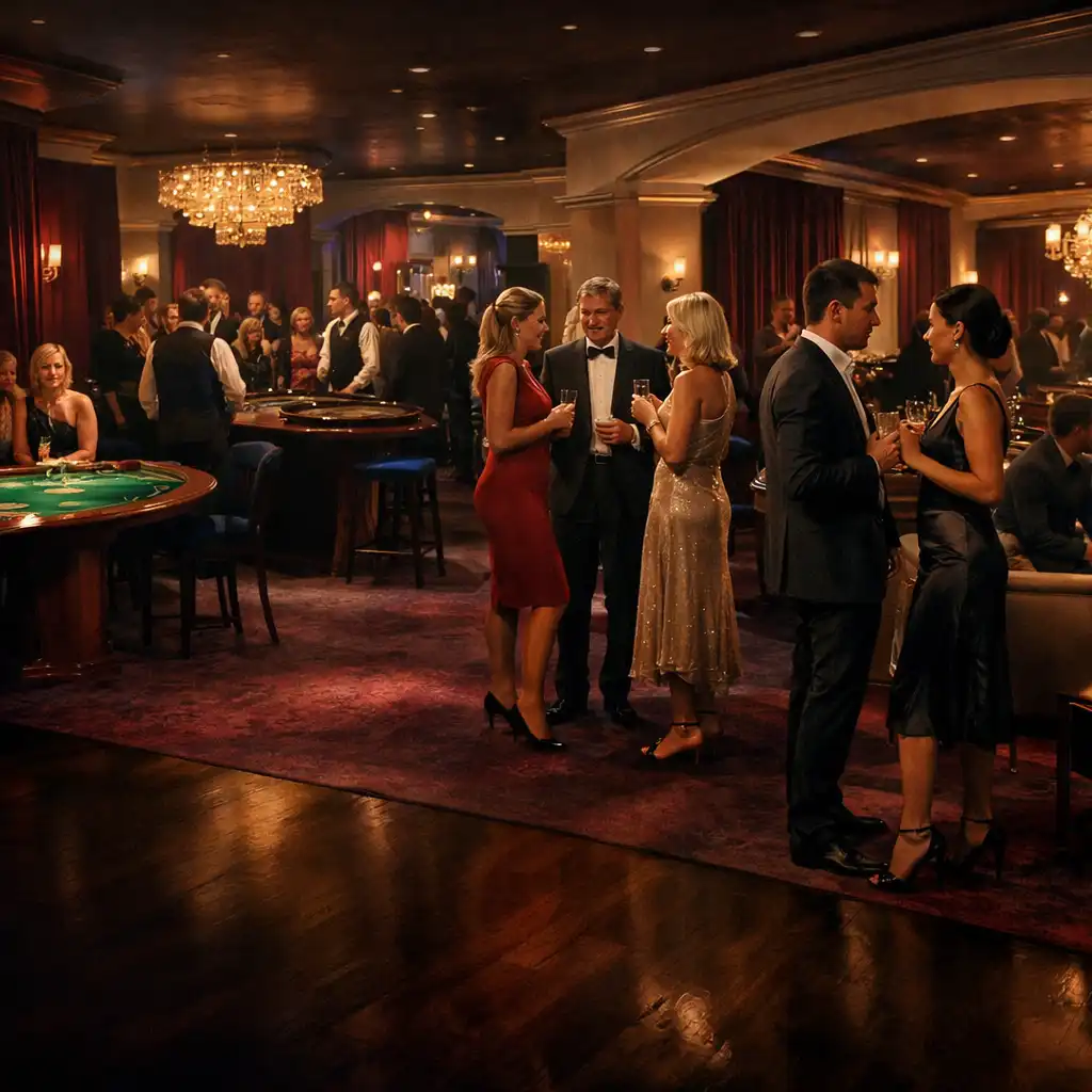 Gotowa sala Casino Night z gośćmi, ciepłym światłem i strefami wydarzenia