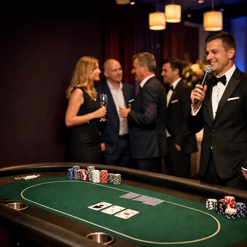 Prowadzący i goście przy eleganckim stole pokerowym podczas wieczornego wydarzenia