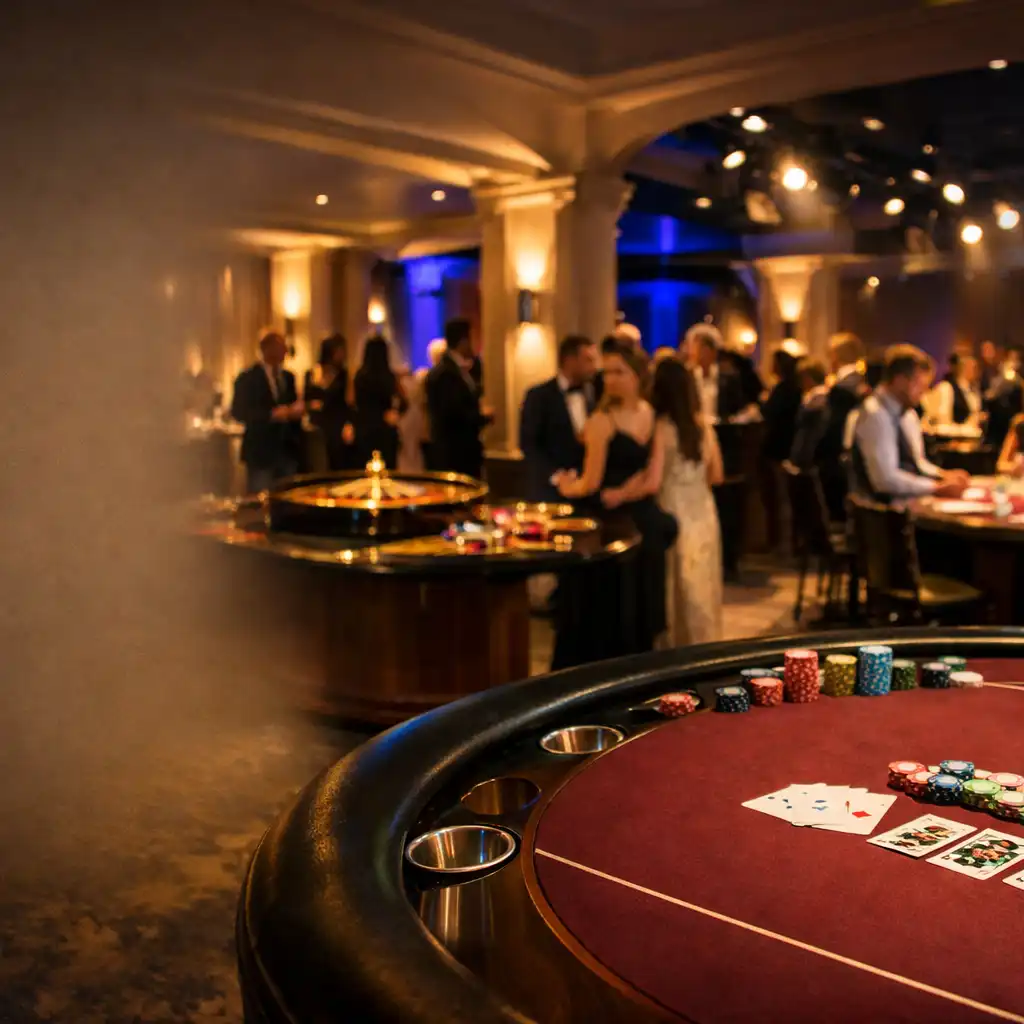 Elegancka sala Casino Night z burgundowym stołem, światłem i gośćmi