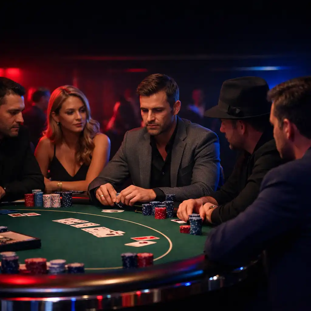 Uczestnicy Poker Event przy eleganckim fizycznym stole z kartami i żetonami