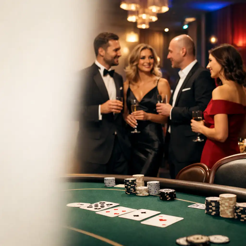 Goście przy fizycznym stole pokerowym podczas wieczornego wydarzenia