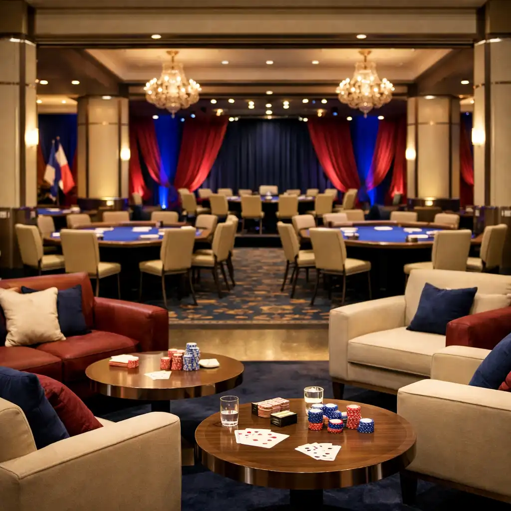Gotowa przestrzeń Poker Event z card lounge i stołami w głębi