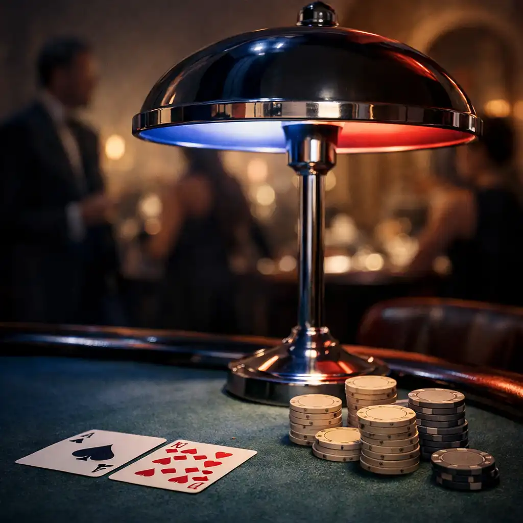 Detal lampy i oświetlenia nad stołem pokerowym
