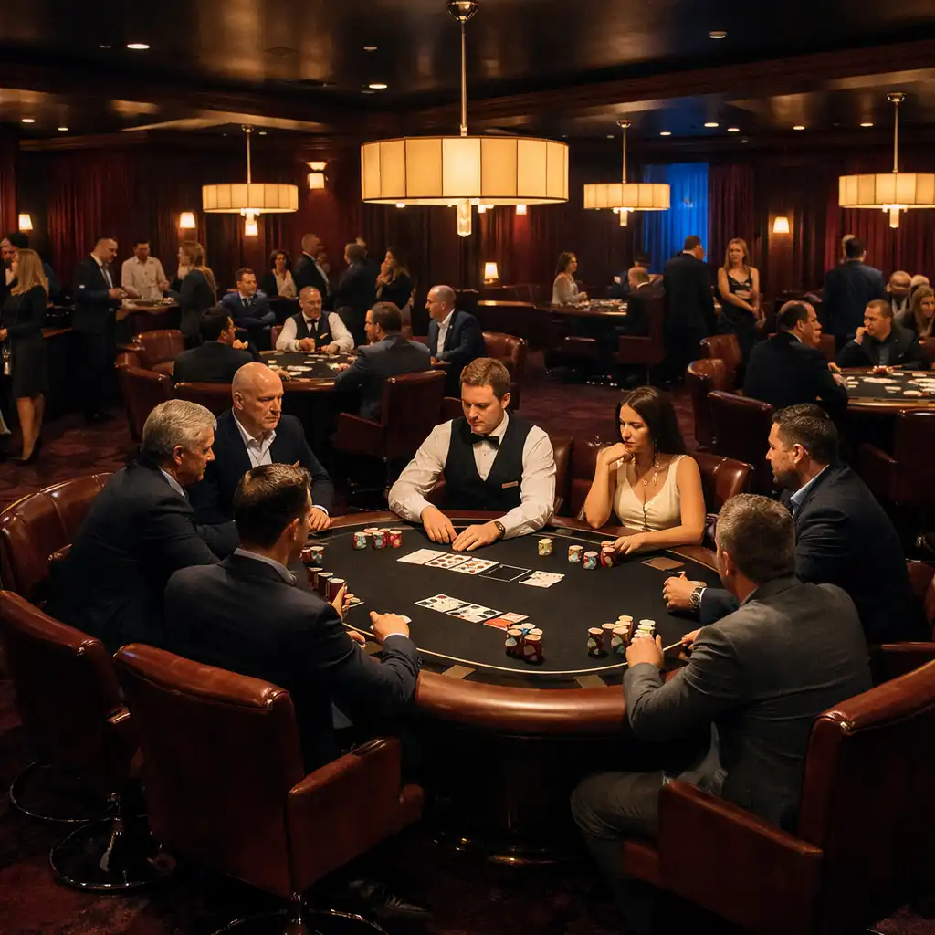 Panoramiczny widok poker salonu z gośćmi i fizycznymi stołami