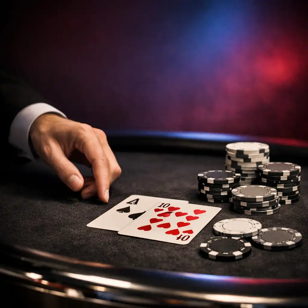 Detal fizycznego stołu pokerowego z kartami i żetonami eventowymi