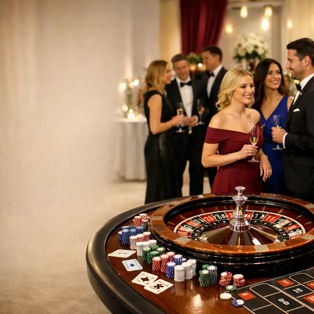 Goście rozmawiają wokół eleganckiego stołu ruletki w strefie eventowej
