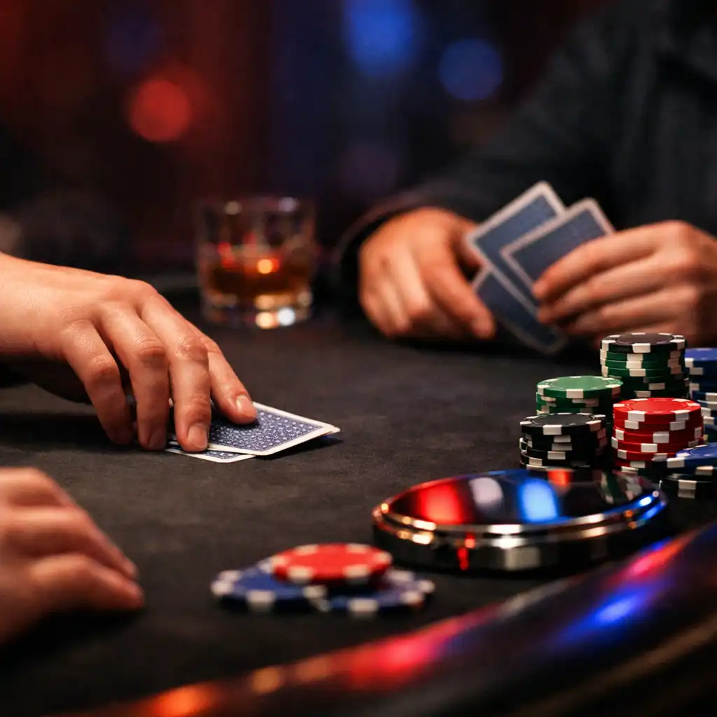 Detal offline’owej strefy Poker Event z kartami, żetonami i naturalną interakcją gości