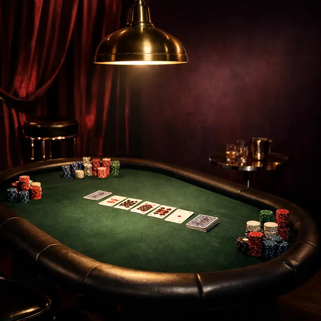 Gotowa strefa eventowa z teatralnie oświetlonym stołem pokerowym